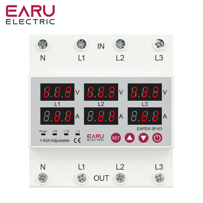 Relé Protector de Sobre/Bajo Voltaje y Corriente Ajustable Trifásico 3*220V 380V 63A 100A para Riel DIN