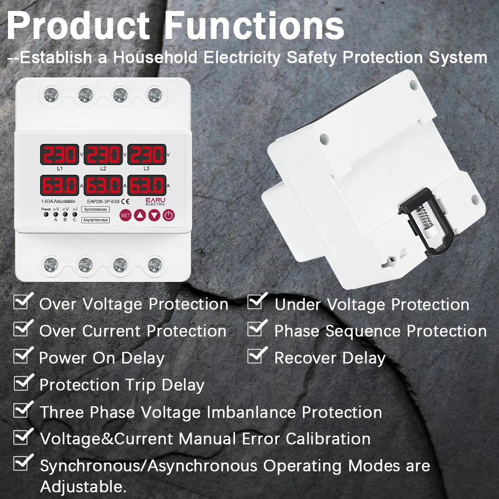 Relé Protector de Sub/Sobretensión y Corriente Ajustable Trifásico 63A 100A con Reinicio Automático