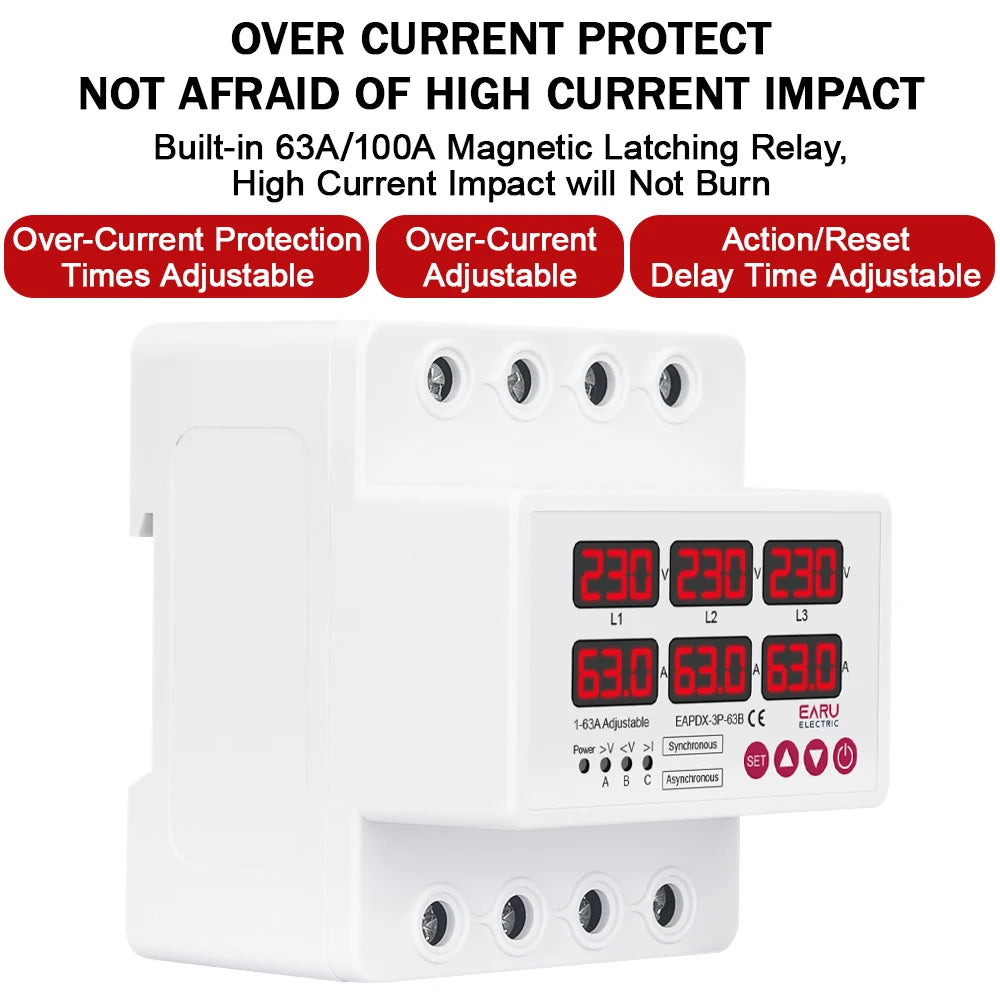 Relé Protector de Sub/Sobretensión y Corriente Ajustable Trifásico 63A 100A con Reinicio Automático