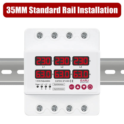 Relé Protector de Sub/Sobretensión y Corriente Ajustable Trifásico 63A 100A con Reinicio Automático