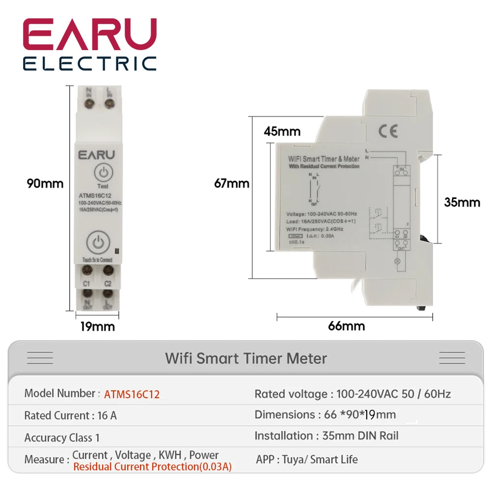 Tuya APP 1P+N AC110V 220V 16A WiFi Smart Circuit Breaker RCBO Timer Relay Switch Remote Control kWh Energy Power Meter Monitor by 54 Energy - Renewable Energy Store