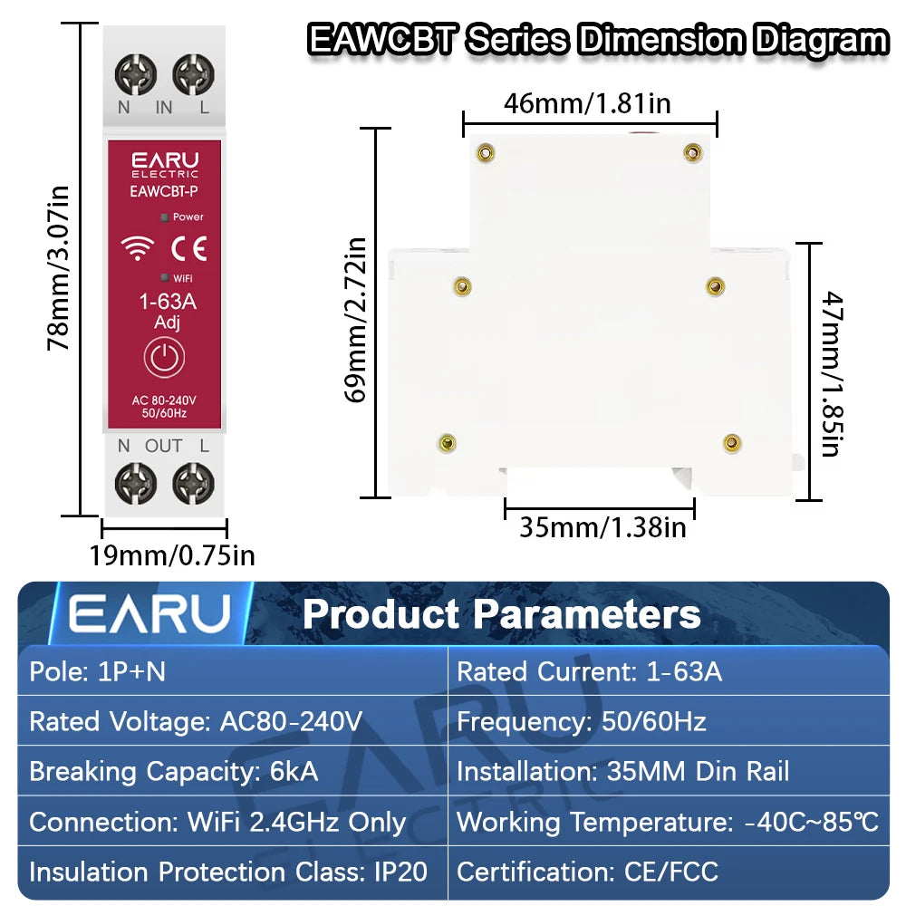 Tuya MCB WiFi Smart Circuit Breaker 1P+N 63A Timer Power Energy kWh Voltage Current Meter Protector Voice Remote Control Switch