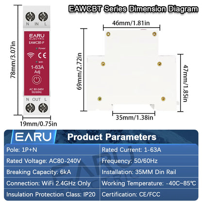 Tuya MCB WiFi Smart Circuit Breaker 1P+N 63A Timer Power Energy kWh Voltage Current Meter Protector Voice Remote Control Switch