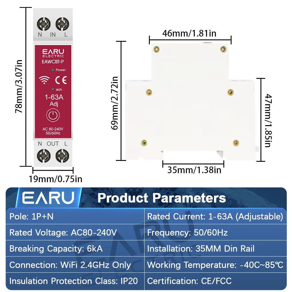 Tuya MCB WiFi Smart Circuit Breaker Timer 1P+N 63A Power Energy kWh Voltage Current Meter Protector Voice Remote Control Switch