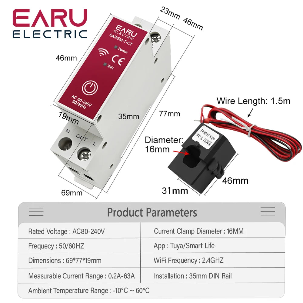 Tuya Smart Life App WiFi Energy Meter AC 110V 230V 63A With Current Transformer Clamp KWh Power Monitor Electricity Statistics by 54 Energy - Renewable Energy Store