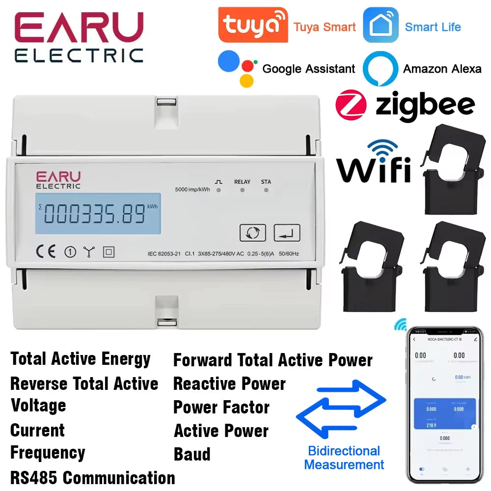 Compteur d'électricité triphasé bidirectionnel Tuya Smart avec WiFi et ZigBee pour la surveillance de la consommation (kWh), doté d'une interface RS485 AC 380V
