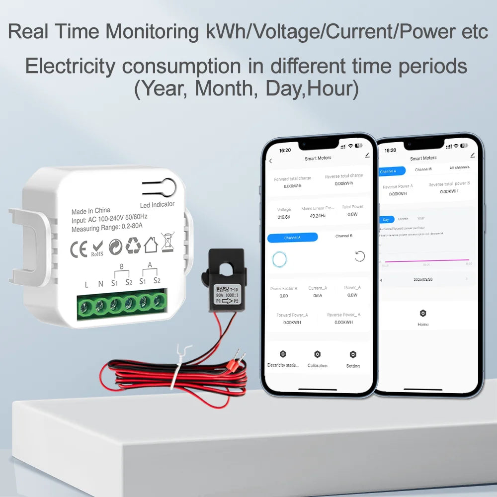 Compteur d'énergie WiFi intelligent Tuya avec 1/2 pinces CT pour le suivi bidirectionnel de la production et de la consommation d'énergie des systèmes solaires photovoltaïques