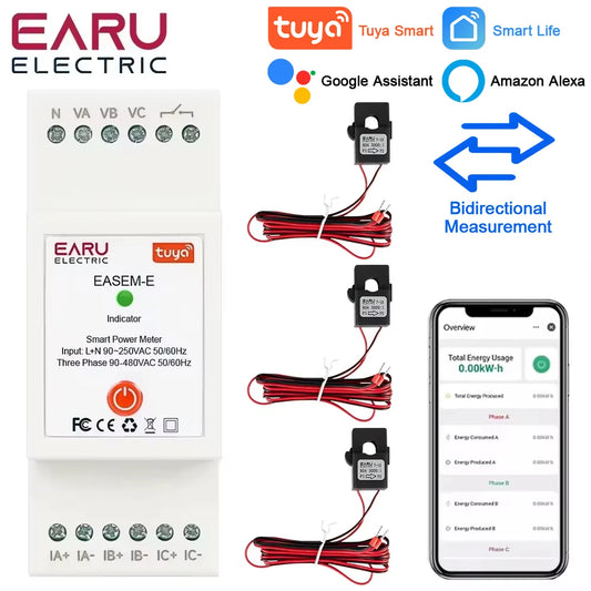 Tuya Smart WiFi Three Phase 80A AC90-480V Bi-Directional Measurement Power Energy kWh Meter Monitor 3Pcs CT Clamps Switch Relay