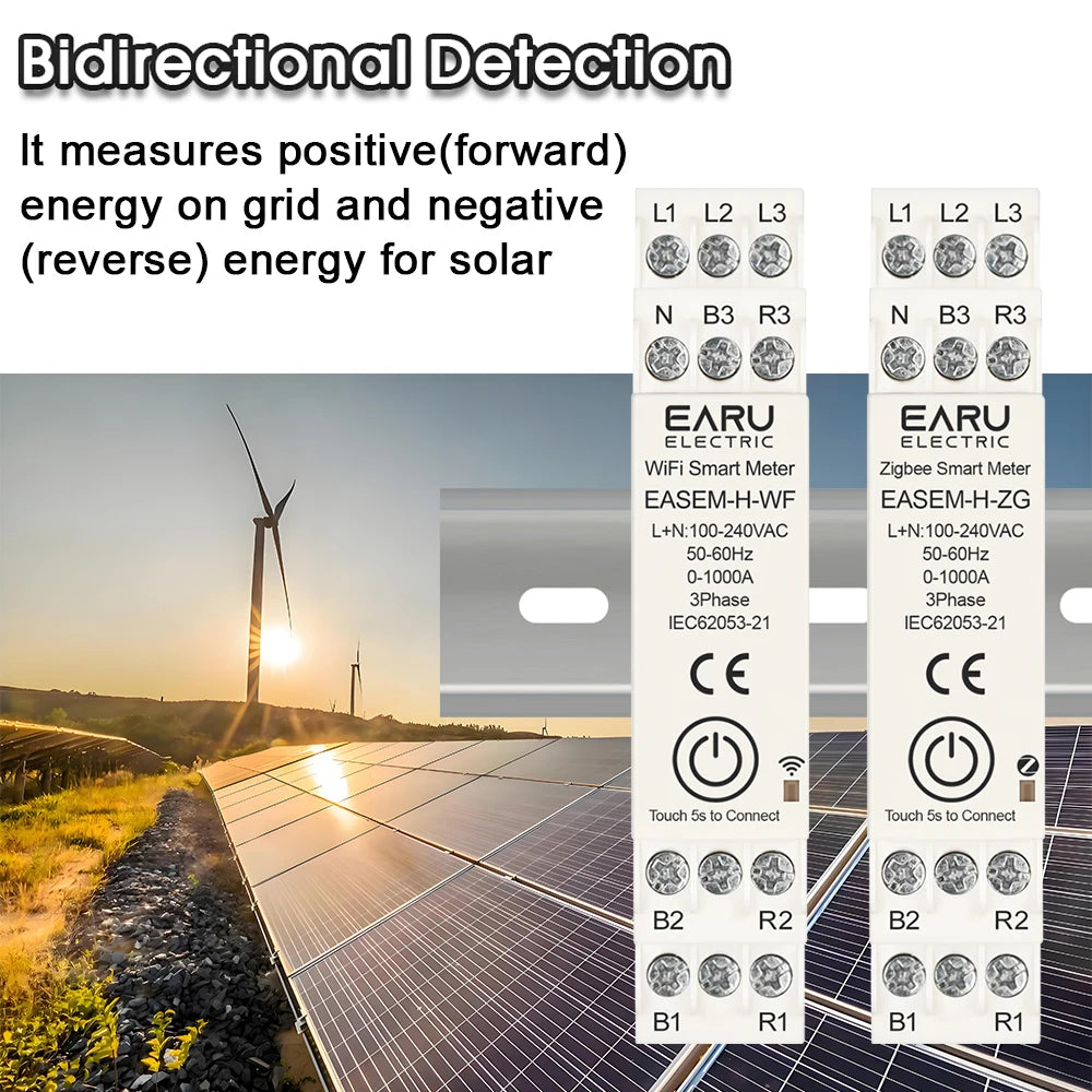 Tuya Smart WiFi ZigBee Energy Meter with 3 CT Clamps for Solar PV System Power Production Consumption Bidirectional Monitoring