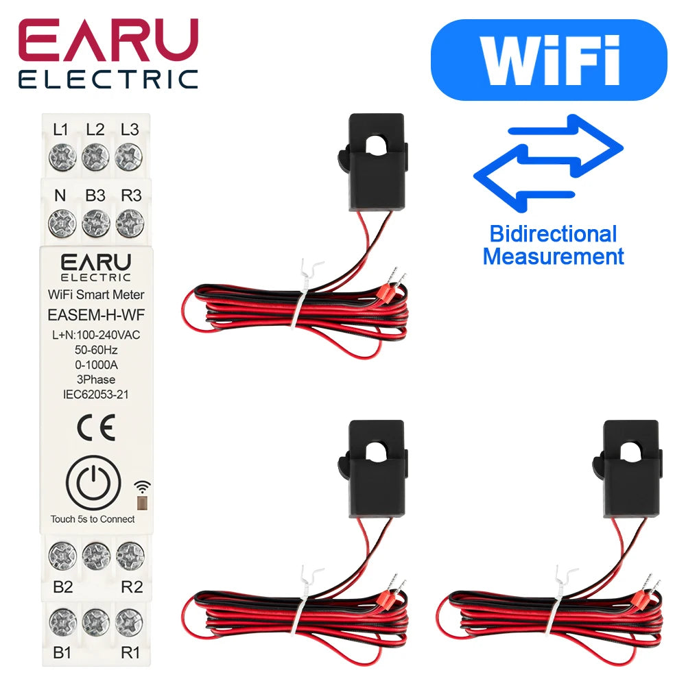 Tuya Smart WiFi ZigBee Energy Meter with 3 CT Clamps for Solar PV System Power Production Consumption Bidirectional Monitoring