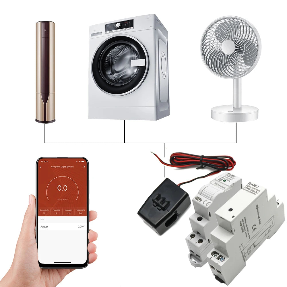 Tuya Smart WiFi Zigbee Electricity KWH Meter Din Rail Single Phase AC 110V 240V 50A 63A CT AC Meter App Real Time Monitor Power by 54 Energy - Renewable Energy Store