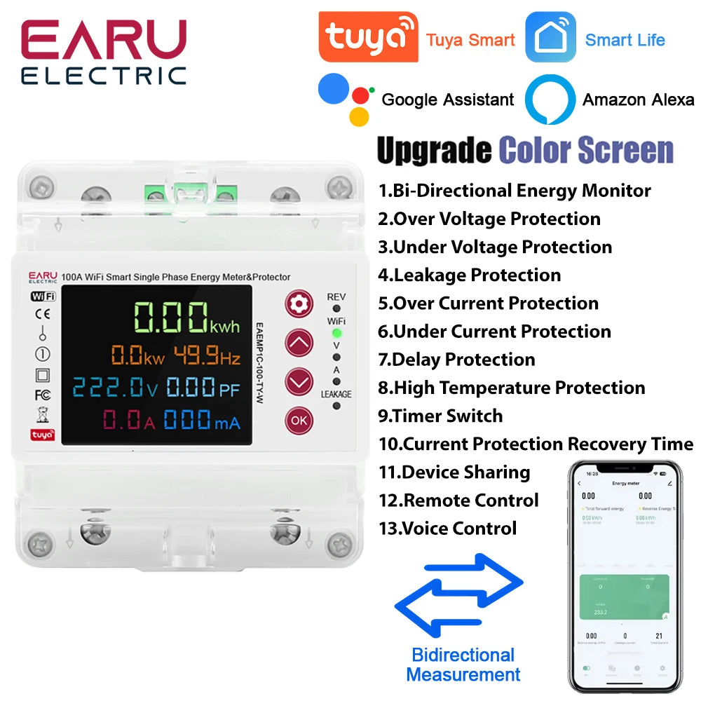 Tuya WiFi Compteur d'énergie intelligent bidirectionnel Compteur de puissance kWh Protection contre les fuites à la terre Surtension Sous-tension Minuterie Relais Commutateur de courant