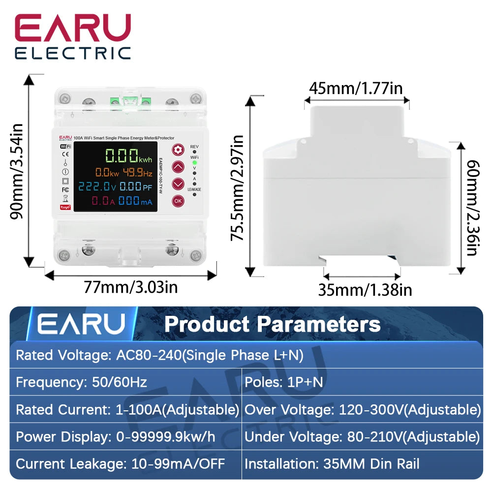 Tuya WiFi Compteur d'énergie intelligent bidirectionnel Compteur de puissance kWh Protection contre les fuites à la terre Surtension Sous-tension Minuterie Relais Commutateur de courant