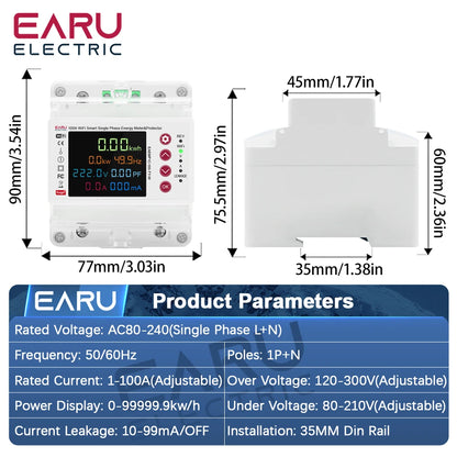 Tuya WiFi Compteur d'énergie intelligent bidirectionnel Compteur de puissance kWh Protection contre les fuites à la terre Surtension Sous-tension Minuterie Relais Commutateur de courant