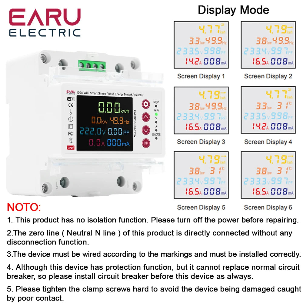 Tuya WiFi Compteur d'énergie intelligent bidirectionnel Compteur de puissance kWh Protection contre les fuites à la terre Surtension Sous-tension Minuterie Relais Commutateur de courant