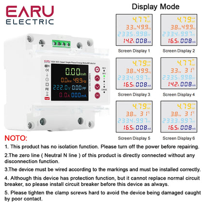 Tuya WiFi Compteur d'énergie intelligent bidirectionnel Compteur de puissance kWh Protection contre les fuites à la terre Surtension Sous-tension Minuterie Relais Commutateur de courant
