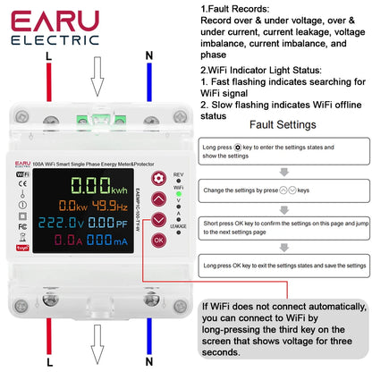 Tuya WiFi Compteur d'énergie intelligent bidirectionnel Compteur de puissance kWh Protection contre les fuites à la terre Surtension Sous-tension Minuterie Relais Commutateur de courant