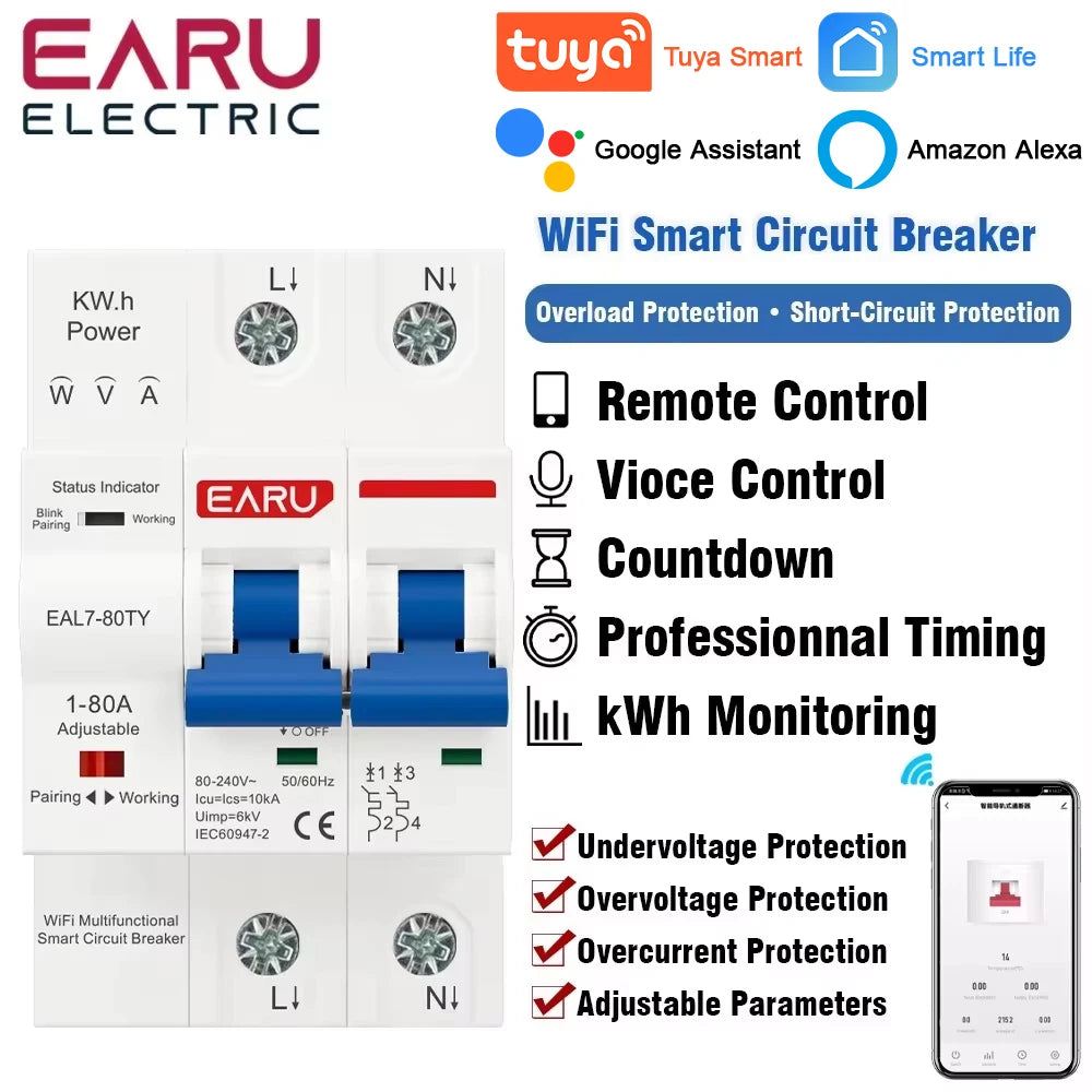 Disjoncteur intelligent WiFi Tuya MCB AC230V 1-80A réglable Compteur d'énergie kWh Protection contre les surintensités, les sous-tensions et les courts-circuits