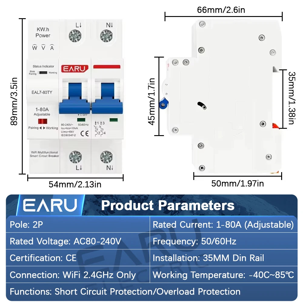Disjoncteur intelligent WiFi Tuya MCB AC230V 1-80A réglable Compteur d'énergie kWh Protection contre les surintensités, les sous-tensions et les courts-circuits