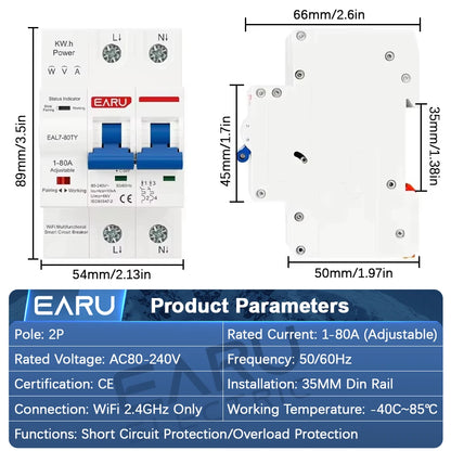 Disjoncteur intelligent WiFi Tuya MCB AC230V 1-80A réglable Compteur d'énergie kWh Protection contre les surintensités, les sous-tensions et les courts-circuits