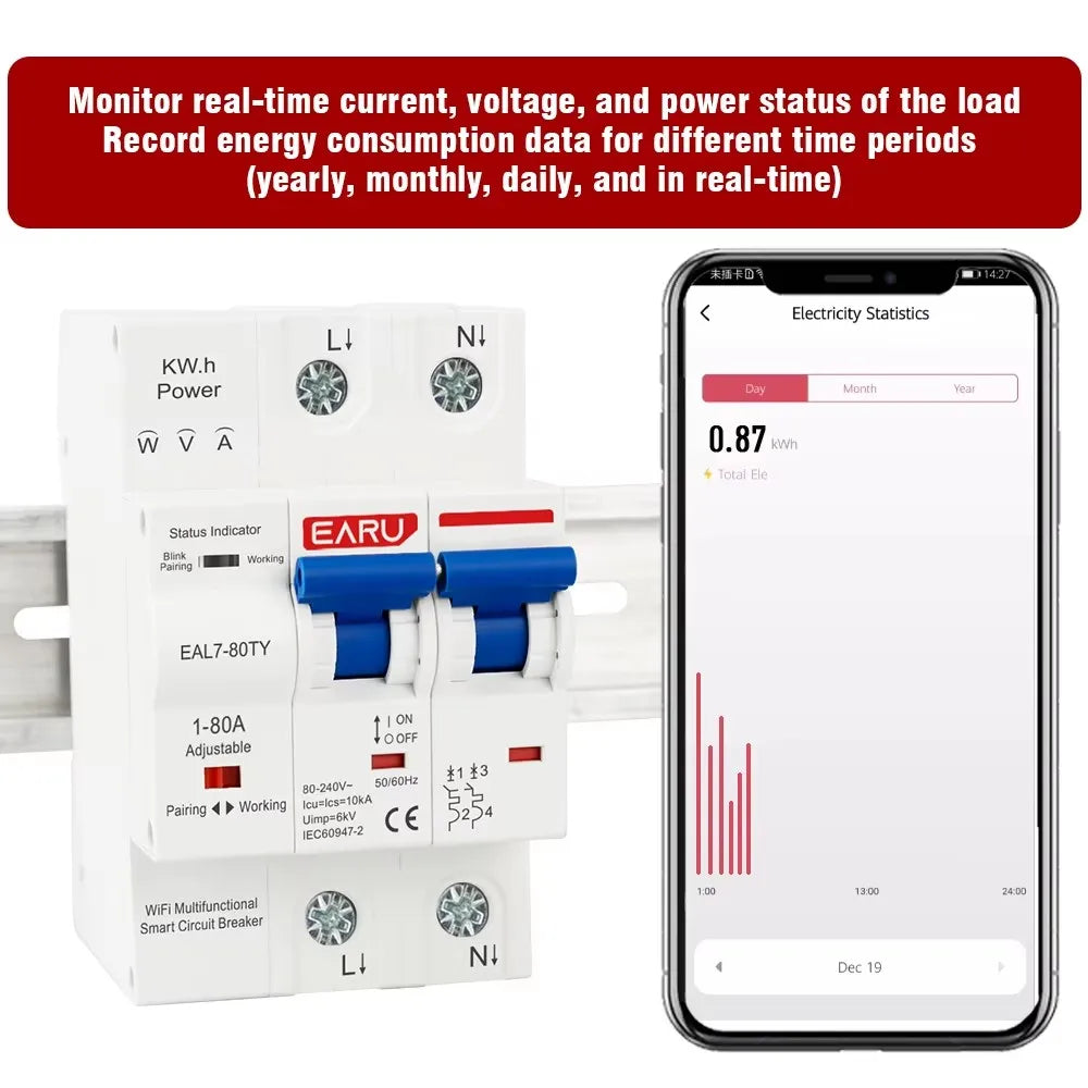Disjoncteur intelligent WiFi Tuya MCB AC230V 1-80A réglable Compteur d'énergie kWh Protection contre les surintensités, les sous-tensions et les courts-circuits