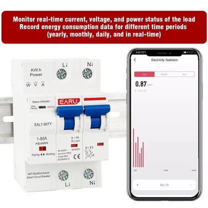 Disjoncteur intelligent WiFi Tuya MCB AC230V 1-80A réglable Compteur d'énergie kWh Protection contre les surintensités, les sous-tensions et les courts-circuits