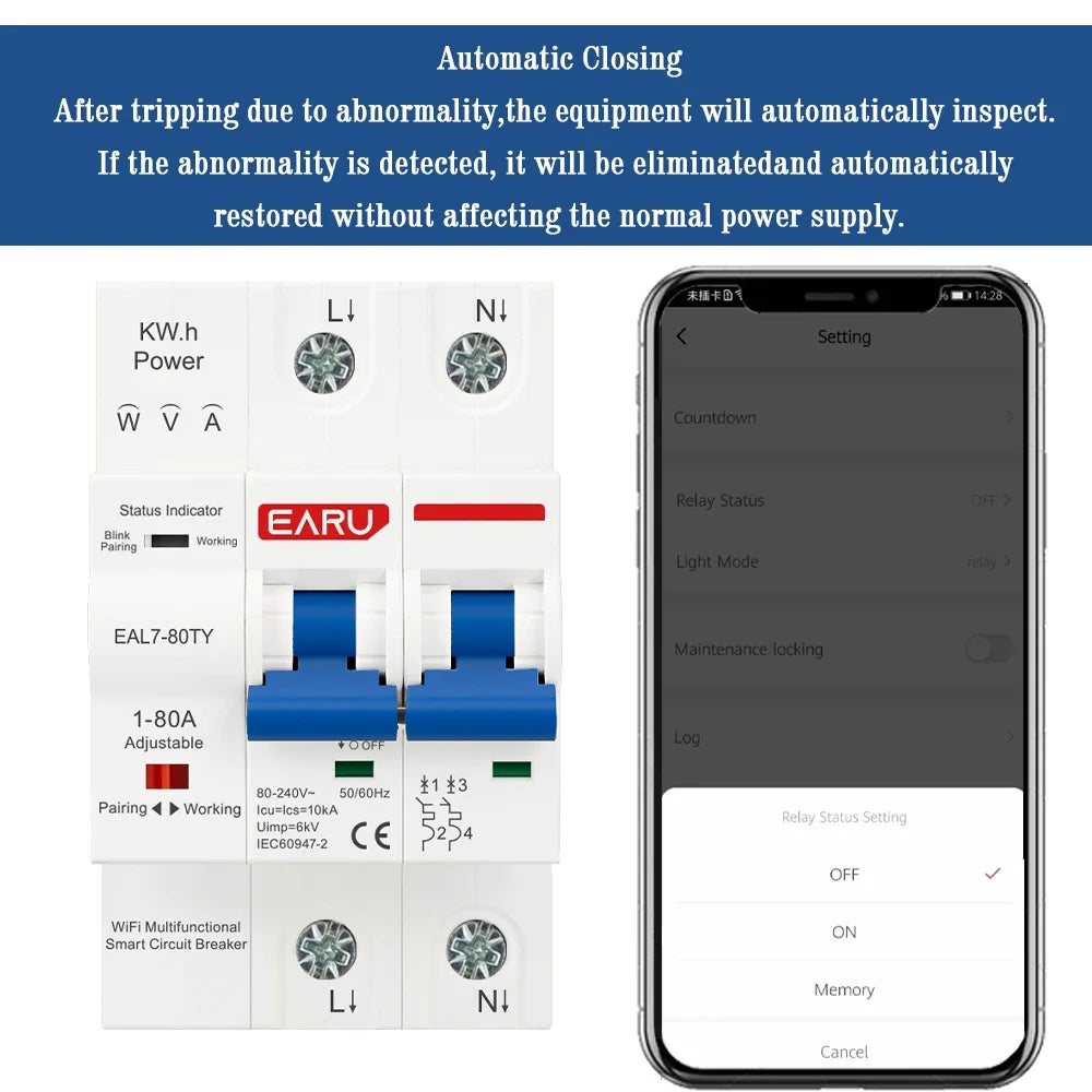 Disjoncteur intelligent WiFi Tuya MCB AC230V 1-80A réglable Compteur d'énergie kWh Protection contre les surintensités, les sous-tensions et les courts-circuits