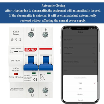 Disjoncteur intelligent WiFi Tuya MCB AC230V 1-80A réglable Compteur d'énergie kWh Protection contre les surintensités, les sous-tensions et les courts-circuits