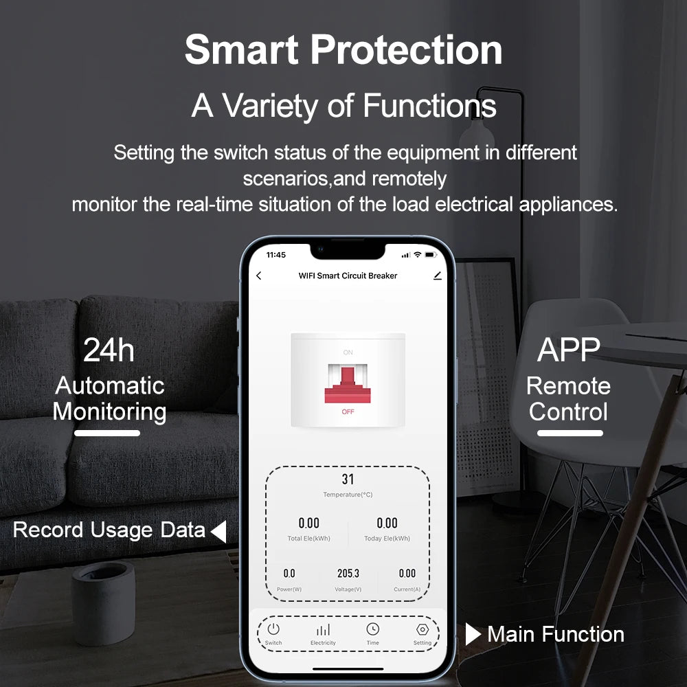 Disjoncteur intelligent WiFi Tuya MCB AC230V 1-80A réglable Compteur d'énergie kWh Protection contre les surintensités, les sous-tensions et les courts-circuits