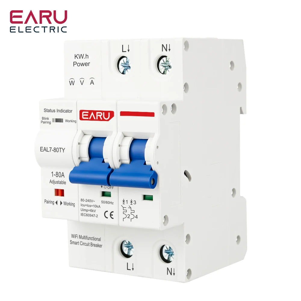 Disjoncteur intelligent WiFi Tuya MCB AC230V 1-80A réglable Compteur d'énergie kWh Protection contre les surintensités, les sous-tensions et les courts-circuits