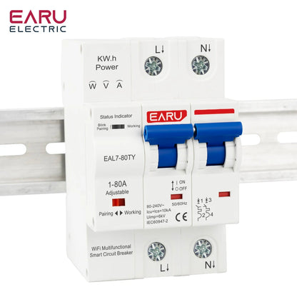 Disjoncteur intelligent WiFi Tuya MCB AC230V 1-80A réglable Compteur d'énergie kWh Protection contre les surintensités, les sous-tensions et les courts-circuits
