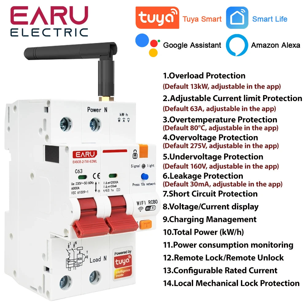 Disjoncteur WiFi intelligent Tuya RS485 avec compteur de fuite MCB RCBO AC230V, disjoncteur télécommandé avec protection contre les fuites