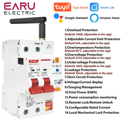 Disjoncteur WiFi intelligent Tuya RS485 avec compteur de fuite MCB RCBO AC230V, disjoncteur télécommandé avec protection contre les fuites