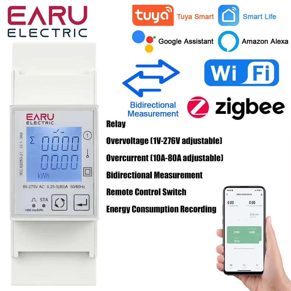 Medidor de Energía Inteligente Tuya WiFi ZigBee AC 110V 220V 80A Medición Bidireccional Monofásico Monitor de Consumo de Energía Medidor de kWh