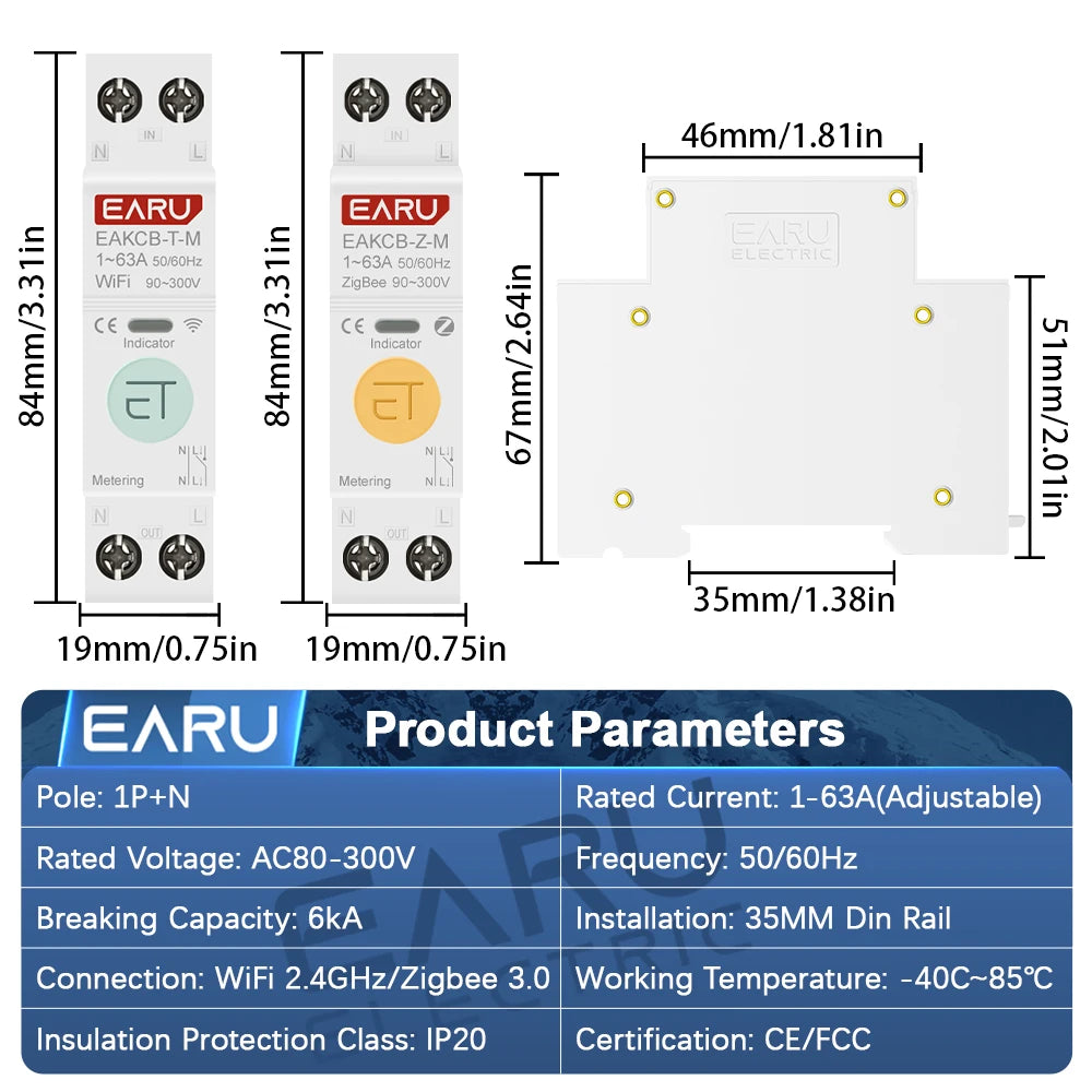 Disyuntor inteligente Tuya ZigBee WiFi 1P+N 63A con relé de temporizador, medidor de energía, voltímetro, amperímetro y protección de sobretensión/subtensión, control remoto