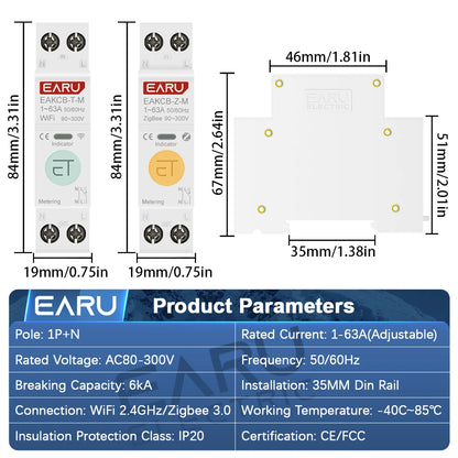 Disyuntor inteligente Tuya ZigBee WiFi 1P+N 63A con relé de temporizador, medidor de energía, voltímetro, amperímetro y protección de sobretensión/subtensión, control remoto