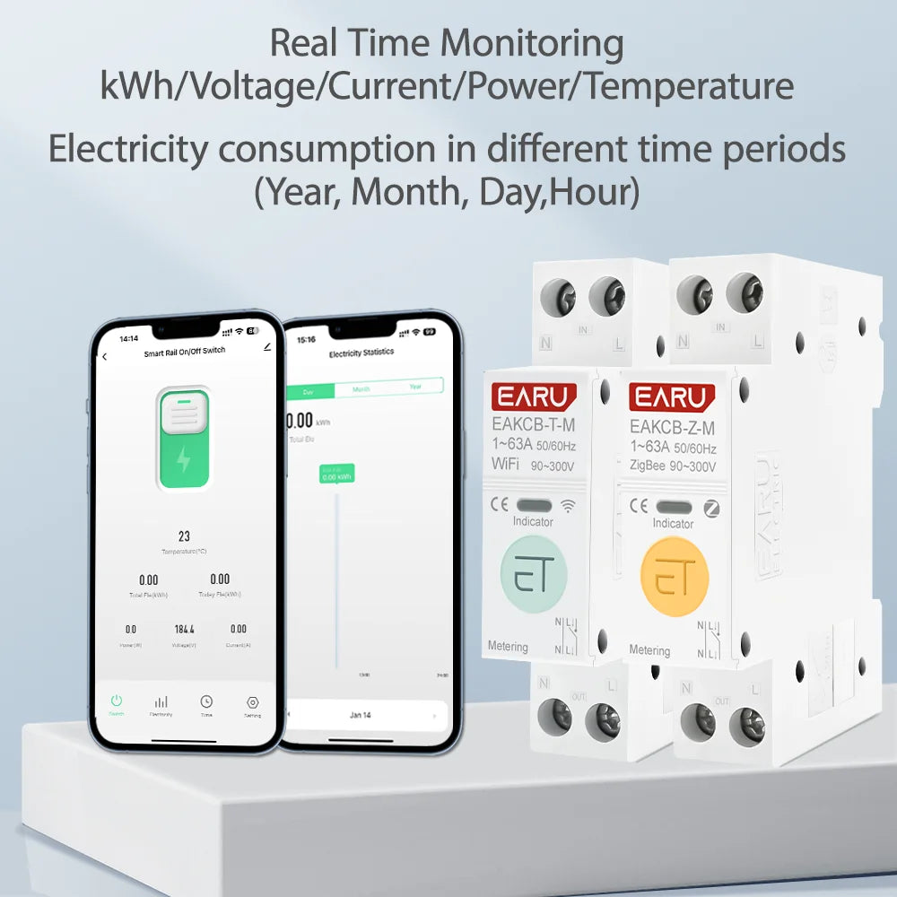 Disyuntor inteligente Tuya ZigBee WiFi 1P+N 63A con relé de temporizador, medidor de energía, voltímetro, amperímetro y protección de sobretensión/subtensión, control remoto