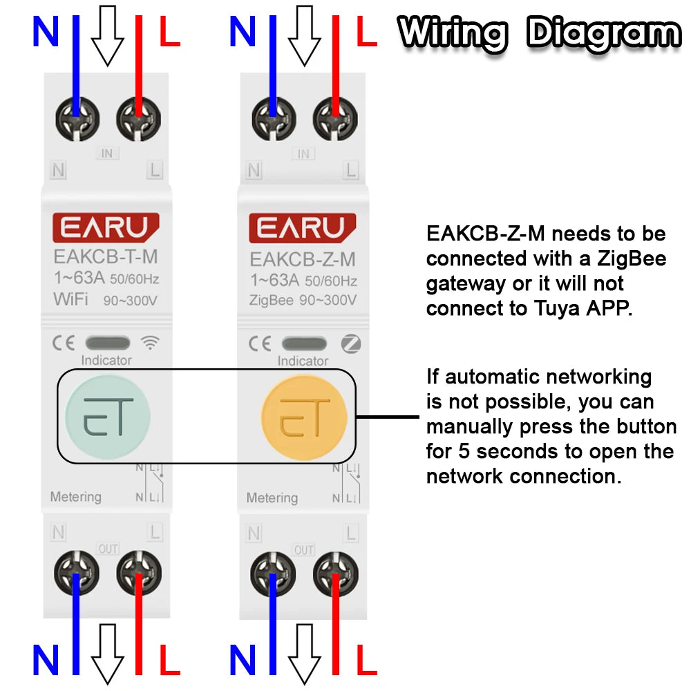 Disyuntor inteligente Tuya ZigBee WiFi 1P+N 63A con relé de temporizador, medidor de energía, voltímetro, amperímetro y protección de sobretensión/subtensión, control remoto