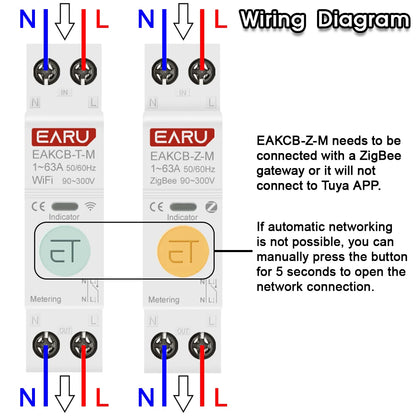 Disyuntor inteligente Tuya ZigBee WiFi 1P+N 63A con relé de temporizador, medidor de energía, voltímetro, amperímetro y protección de sobretensión/subtensión, control remoto