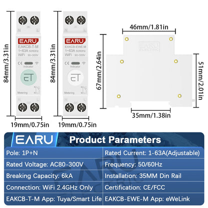 Tuya eWeLink WiFi Smart Circuit Breaker MCB 1P+N 63A Time Relay Switch Energy Meter kWh Voltage Current Protector Remote Control