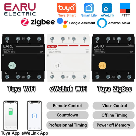 Disjoncteur intelligent Tuya eWeLink WiFi ZigBee MCB 3P+N avec minuterie et relais, commande vocale pour Alexa Google Home Assistant