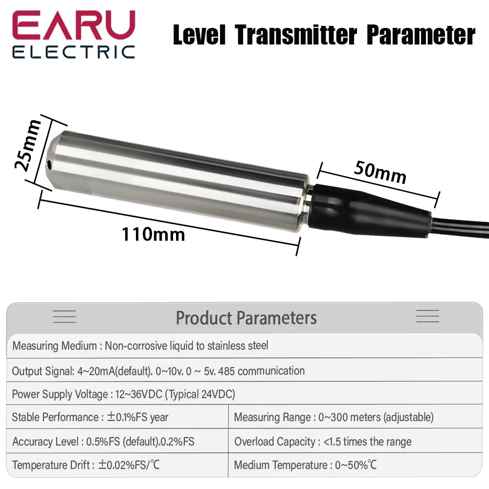 Transmisor de sensor de nivel de agua IP68 – Rango de 0-200 m | Sensor industrial de nivel de líquido de acero inoxidable