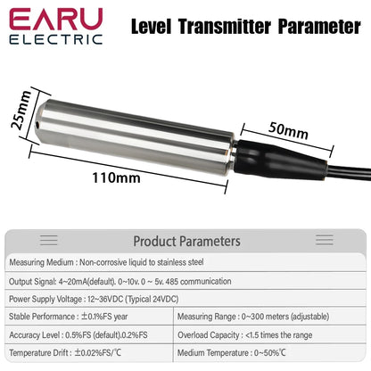 Transmisor de sensor de nivel de agua IP68 – Rango de 0-200 m | Sensor industrial de nivel de líquido de acero inoxidable