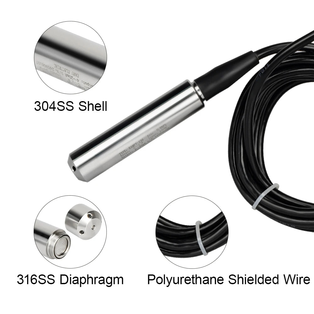 Transmisor de sensor de nivel de agua IP68 – Rango de 0-200 m | Sensor industrial de nivel de líquido de acero inoxidable
