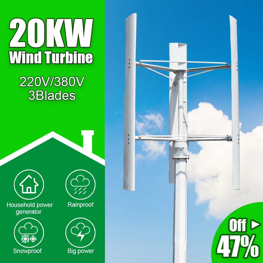 Wind Turbine Big Power Free Energy 20KW Vertical Axis 220V/380V Wind Generator 3 Phases 50HZ 3 Blades No Noise Home Farm Use - 54 Energy - Renewable Energy Store