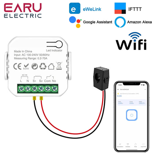 eWeLink Smart WiFi Power Energy Meter with CT Clamp AC 110V 220V Timer Relay Switch kWh Voltage Current Protector Remote Control