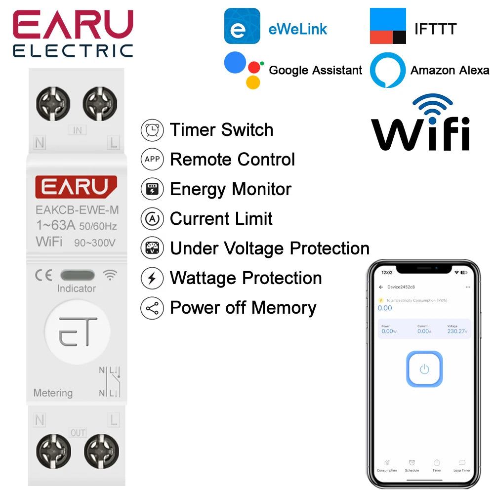 Interruptor de circuito inteligente WiFi eWeLink 1P+N 63A MCB Temporizador Interruptor de relé Medición de energía kWh Protector de tensión de corriente Control remoto