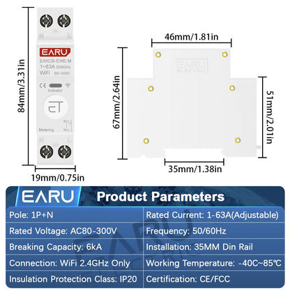 Interruptor de circuito inteligente WiFi eWeLink 1P+N 63A MCB Temporizador Interruptor de relé Medición de energía kWh Protector de tensión de corriente Control remoto