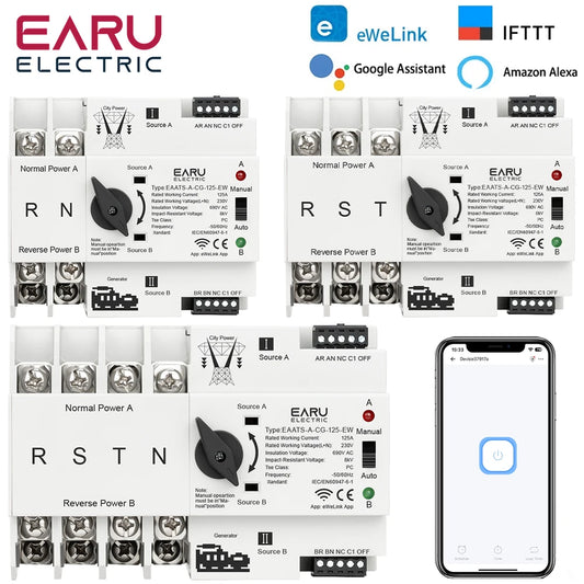 eWeLink WiFi Télécommande Intelligente 2/3/4P 125A AC 230V ATS Commutateur de Transfert Automatique Double Alimentation Sélecteur Électrique Ininterrompu