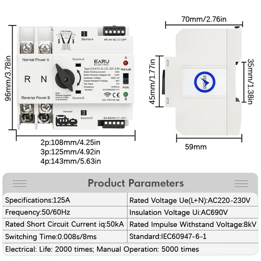 eWeLink WiFi Télécommande Intelligente 2/3/4P 125A AC 230V ATS Commutateur de Transfert Automatique Double Alimentation Sélecteur Électrique Ininterrompu